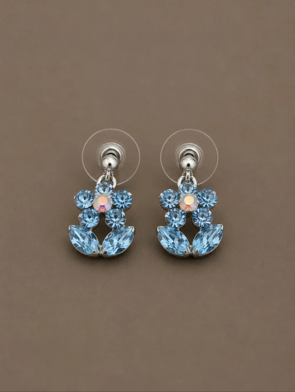 3/$30 Dainty Baby Blue Crystal Floral Post Earrings